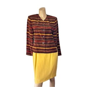 NWT Kasper ASL Petite Silk Brown Striped Blazer Collarless 4P Midi Skirt Set 6P